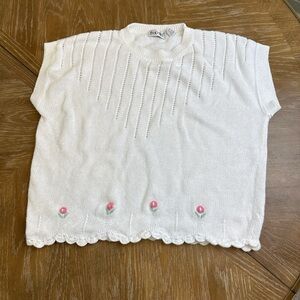 Vintage White Sweater short sleeve with Pink Floral Accents